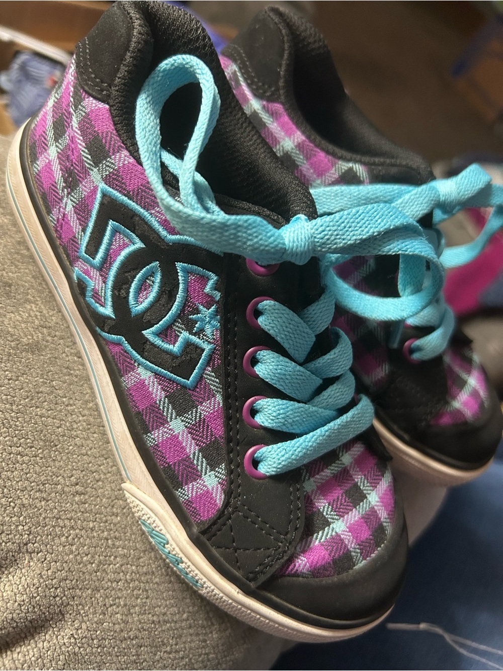 DC Kids Purple Plaid Sneakers with Aqua Laces